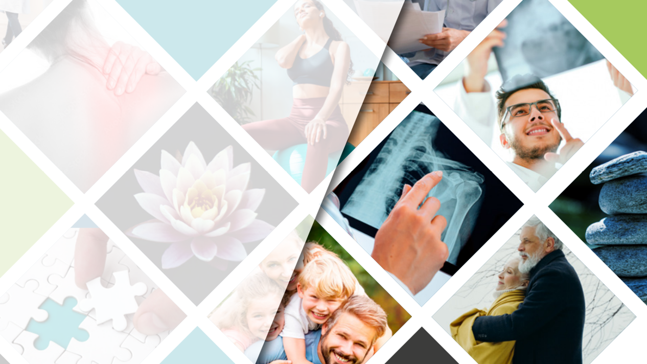 Un mosaico de imágenes en forma de rombos que ilustra diversos conceptos de salud, bienestar, familia y diagnóstico médico.