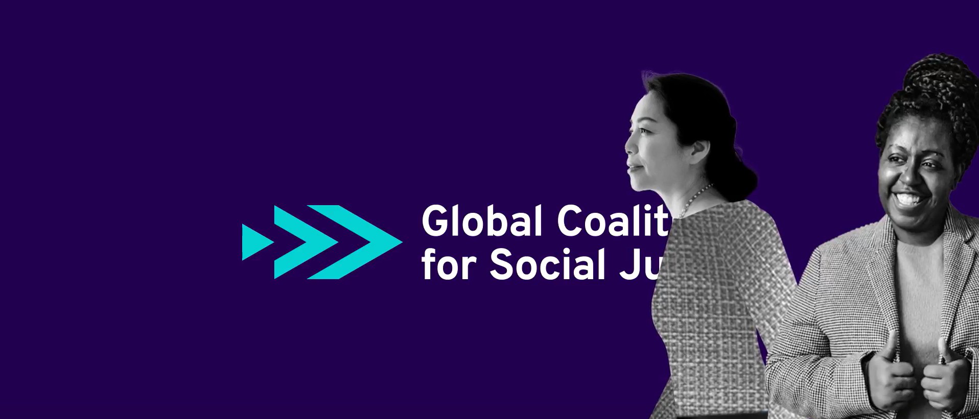 Gràfic sobre fons morat de la Global Coalition for Social Justice, amb el logotip de la iniciativa i dues persones en blanc i negre a la dreta.