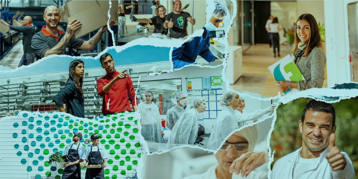 Collage of people in different professional environments at Ferrer, such as offices, laboratory, production and teamwork, in an image that reflects diversity and corporate activity.