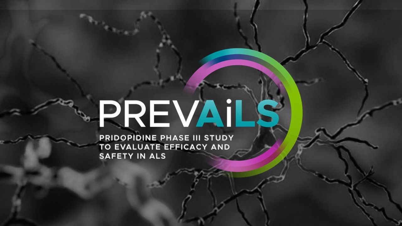 Logo de "PREVAILS" sobre un fondo oscuro de ramificaciones neuronales con el texto "Pridopidine Phase III study to evaluate efficacy and safety in ALS".