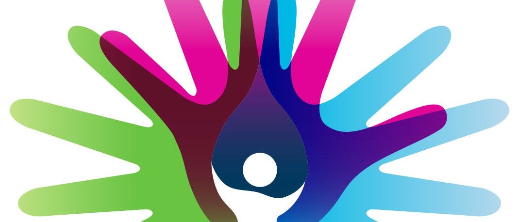 Illustration of several colored hands superimposed around a central figure, symbolizing diversity, inclusion, collaboration, and community support.