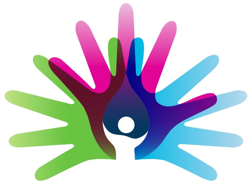 Illustration of several colored hands superimposed around a central figure, symbolizing diversity, inclusion, collaboration, and community support.