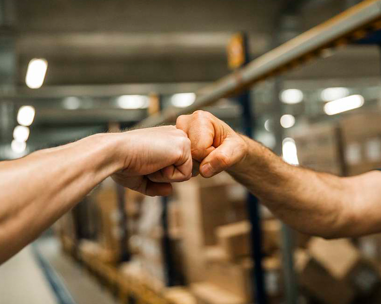 Primer plano de dos personas chocando los puños en señal de saludo o acuerdo dentro de un almacén o centro de distribución.