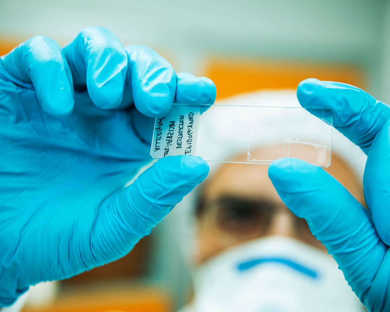 Ferrer Group researcher examining in detail a slide in the laboratory for the quality control of pharmaceutical products