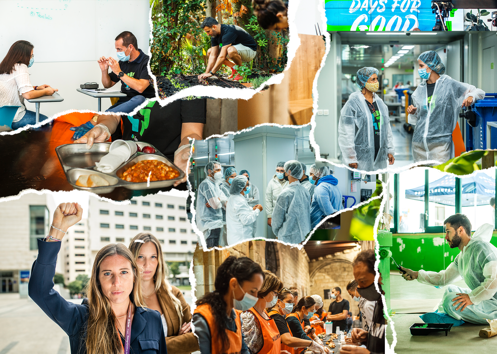 A collage with the aesthetics of paper cutouts shows various scenes of volunteering, social engagement and team activities in different professional and community settings.