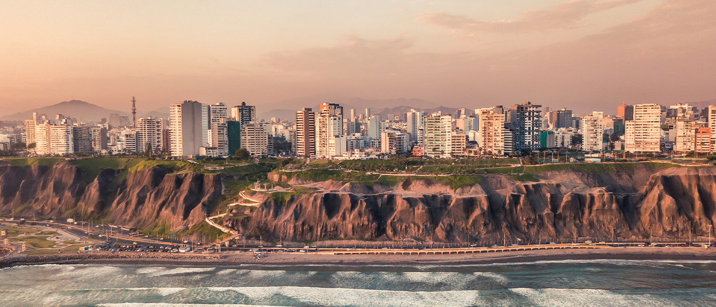 Coastal view of the cliffs of Miraflores in Lima, the city where the subsidiary of the Ferrer pharmaceutical group is located in Peru.