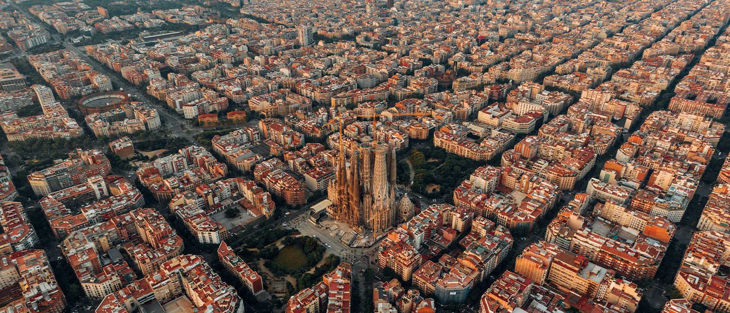 Aerial view of the Eixample district of Barcelona and the Sagrada Familia, the city of origin and headquarters of the Ferrer pharmaceutical laboratory in Spain.