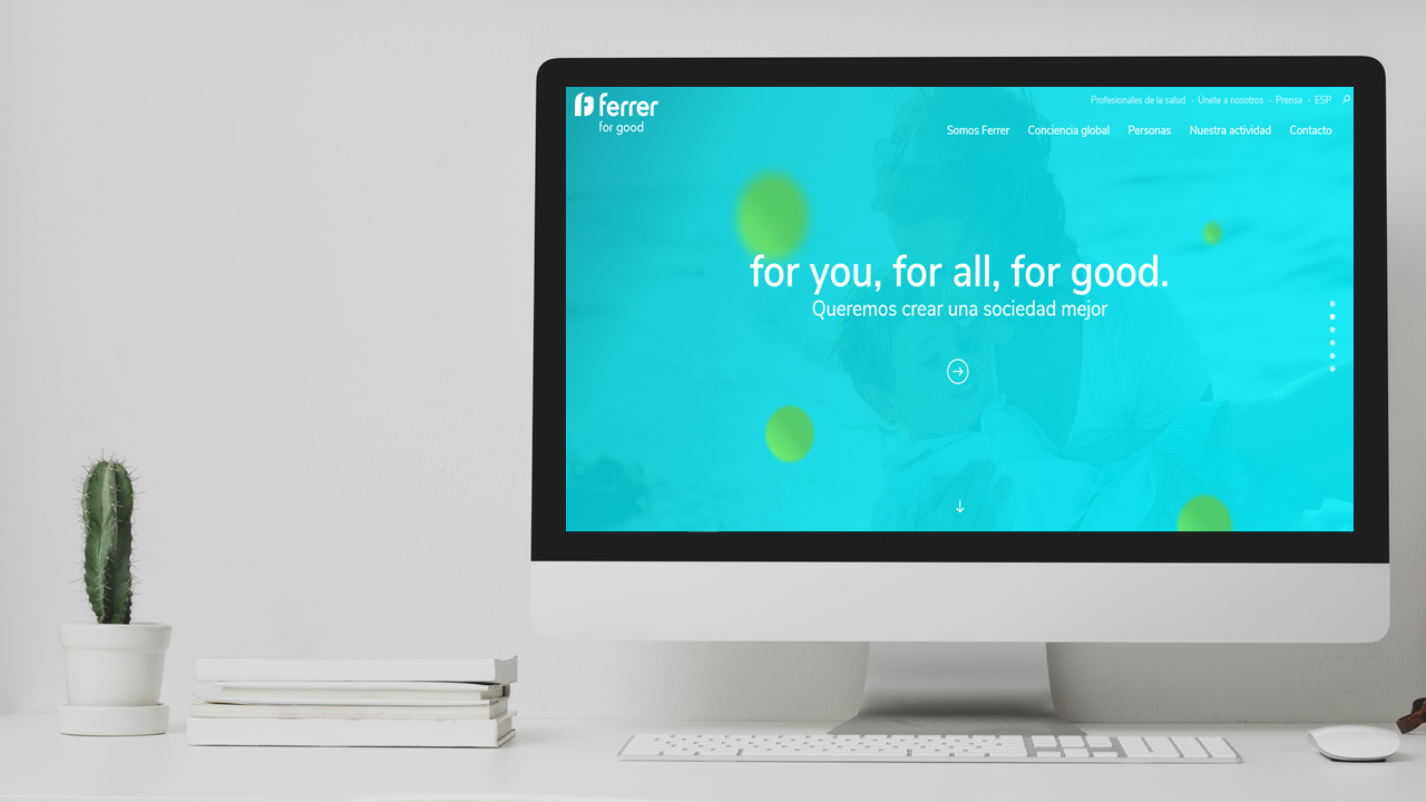 Computer screen on a minimalist desk showing Ferrer's website, next to a cactus and several notebooks.