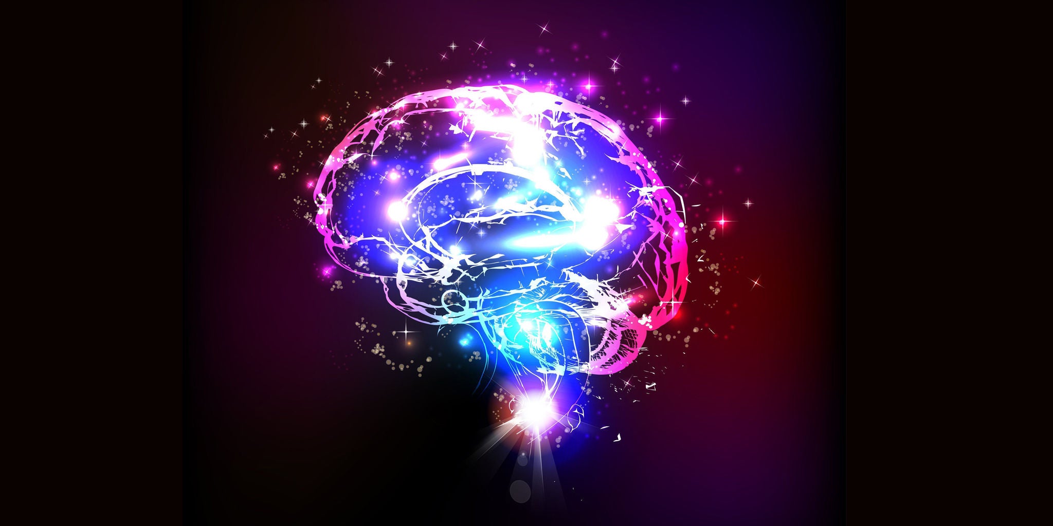 Ilustración abstracta de un cerebro luminoso en tonos rosa, azul y violeta sobre fondo oscuro, con destellos que evocan actividad neuronal.