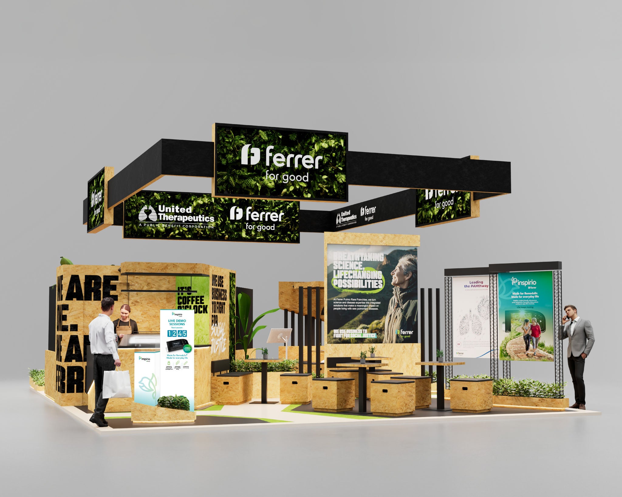 Rendering of the Ferrer exhibition booth with the Inspirio Pump demonstration area, visitor seating, and presentation displays.
