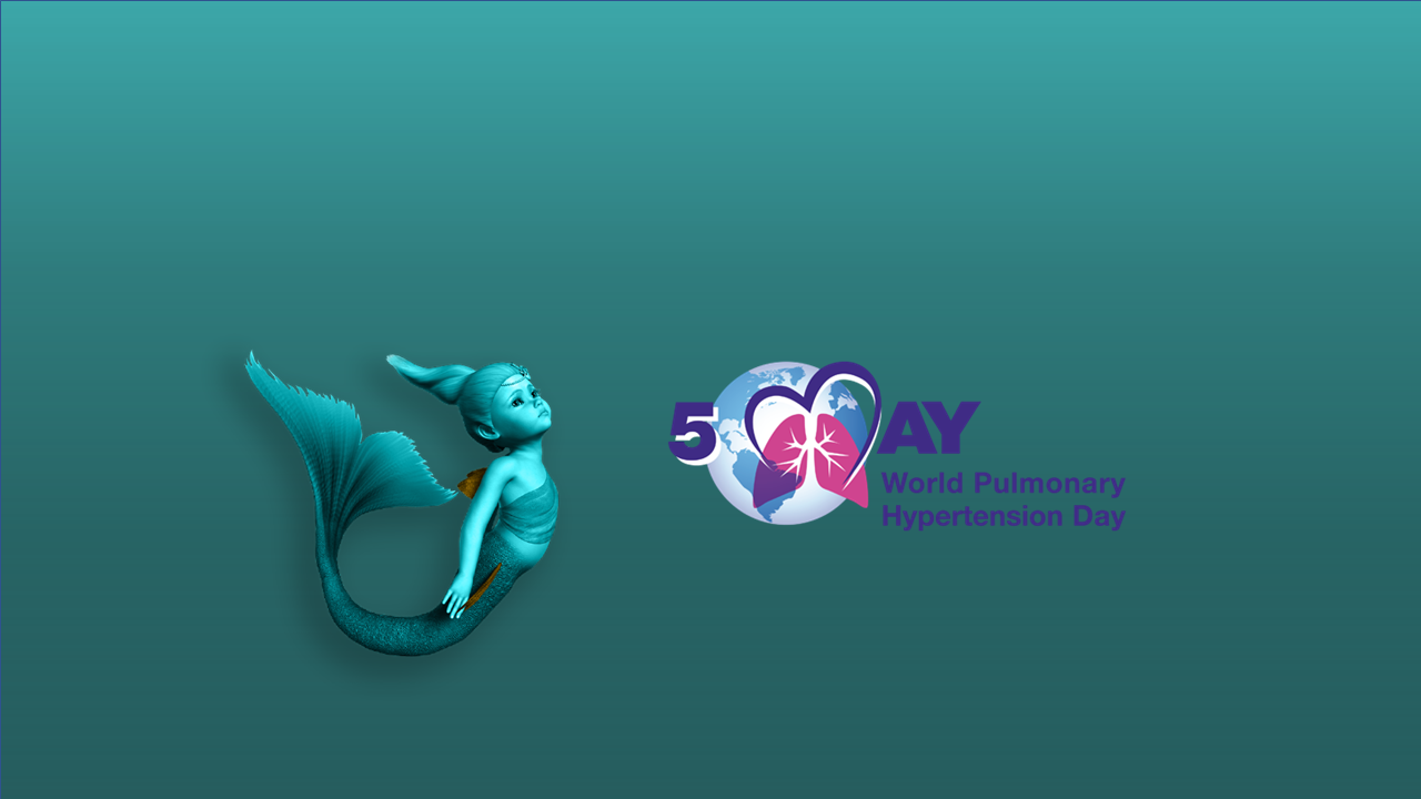 Ilustración de una sirena turquesa junto al logo del Día Mundial de la Hipertensión Pulmonar (5 de mayo).