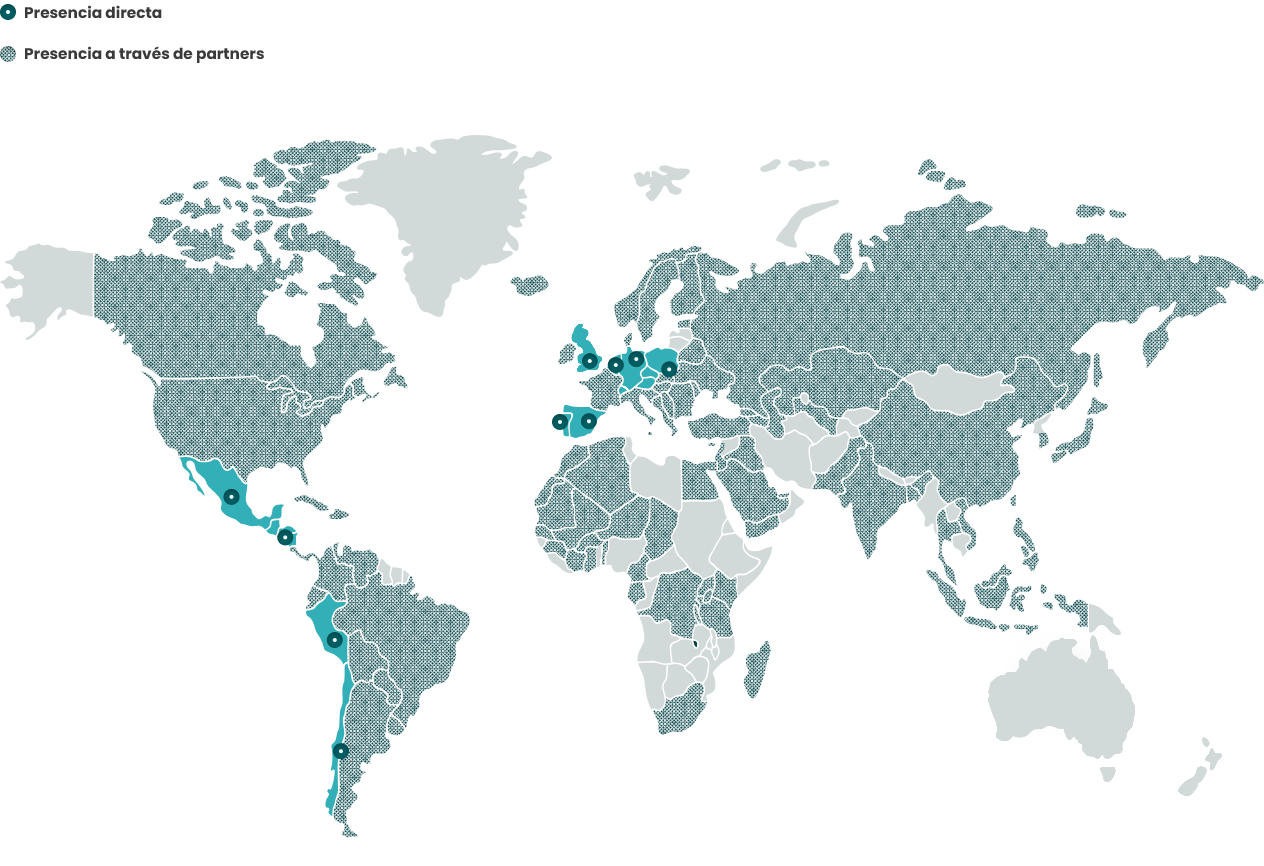 Mapa global de Ferrer donde se muestran las diferentes sedes, filiales y países asociados con presencia comercial.