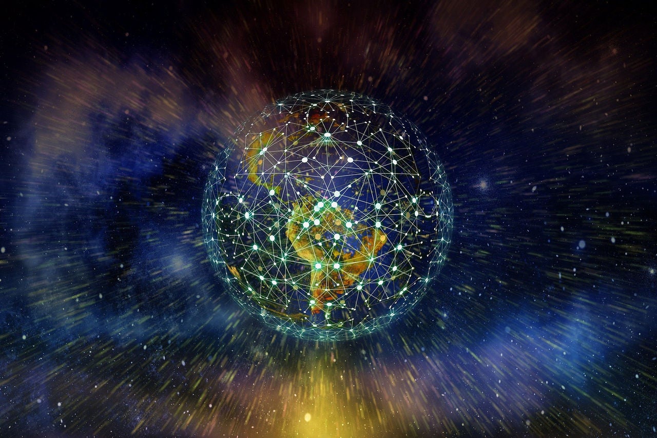 Illustration of a planet surrounded by a network of nodes and luminous connections, against a spatial background that evokes technology and global connectivity.