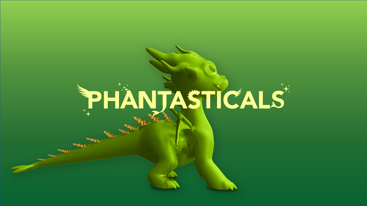 Model digital en 3D d'un petit drac verd sobre el qual apareix el text "PHANTASTICALS" amb tipografia fantàstica.