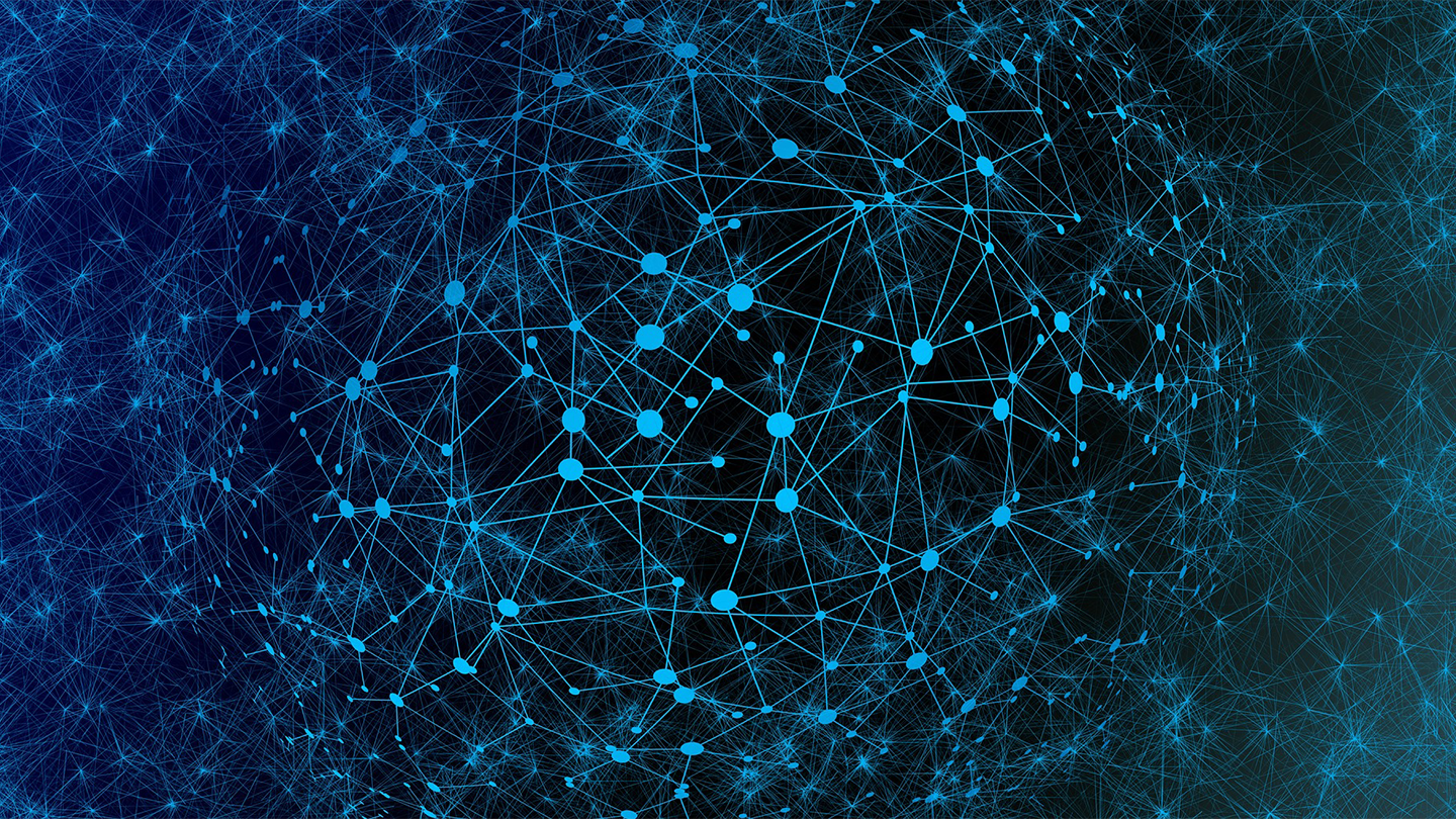 Una xarxa abstracta de connexions digitals i punts lluminosos blaus interconnectats sobre un fons fosc.