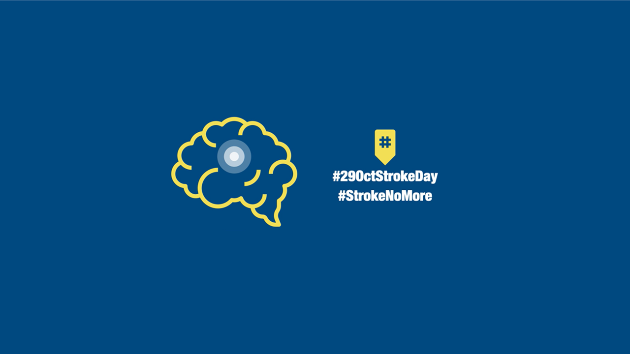 Graphic on a blue background with a brain icon and the messages "#29OctStrokeDay" and "#StrokeNoMore", alluding to World Stroke Day.