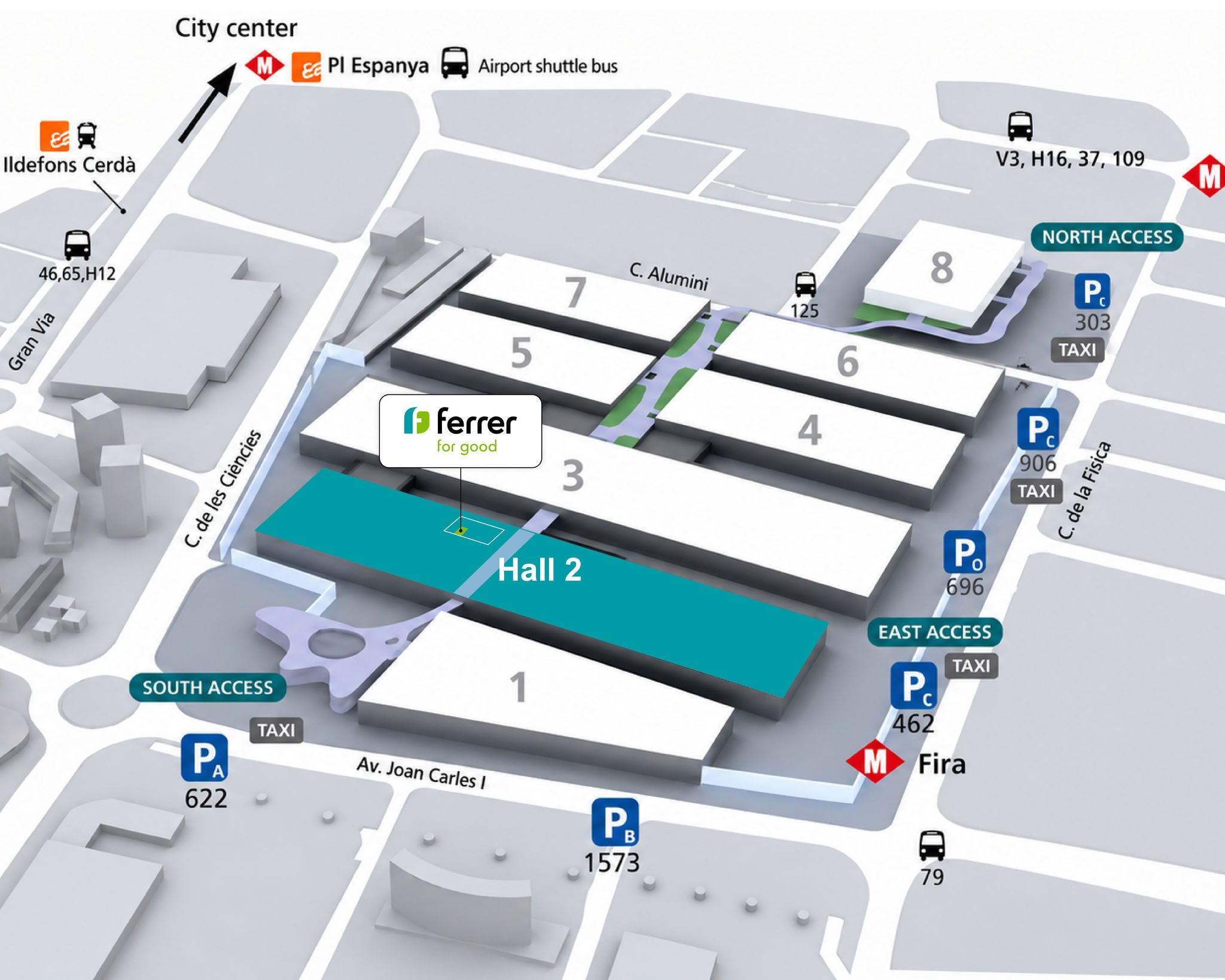 Map of Fira Barcelona Gran Via highlighting Ferrer Booth M.01 in Hall 2, with the main venue entrances and nearby transport access points.