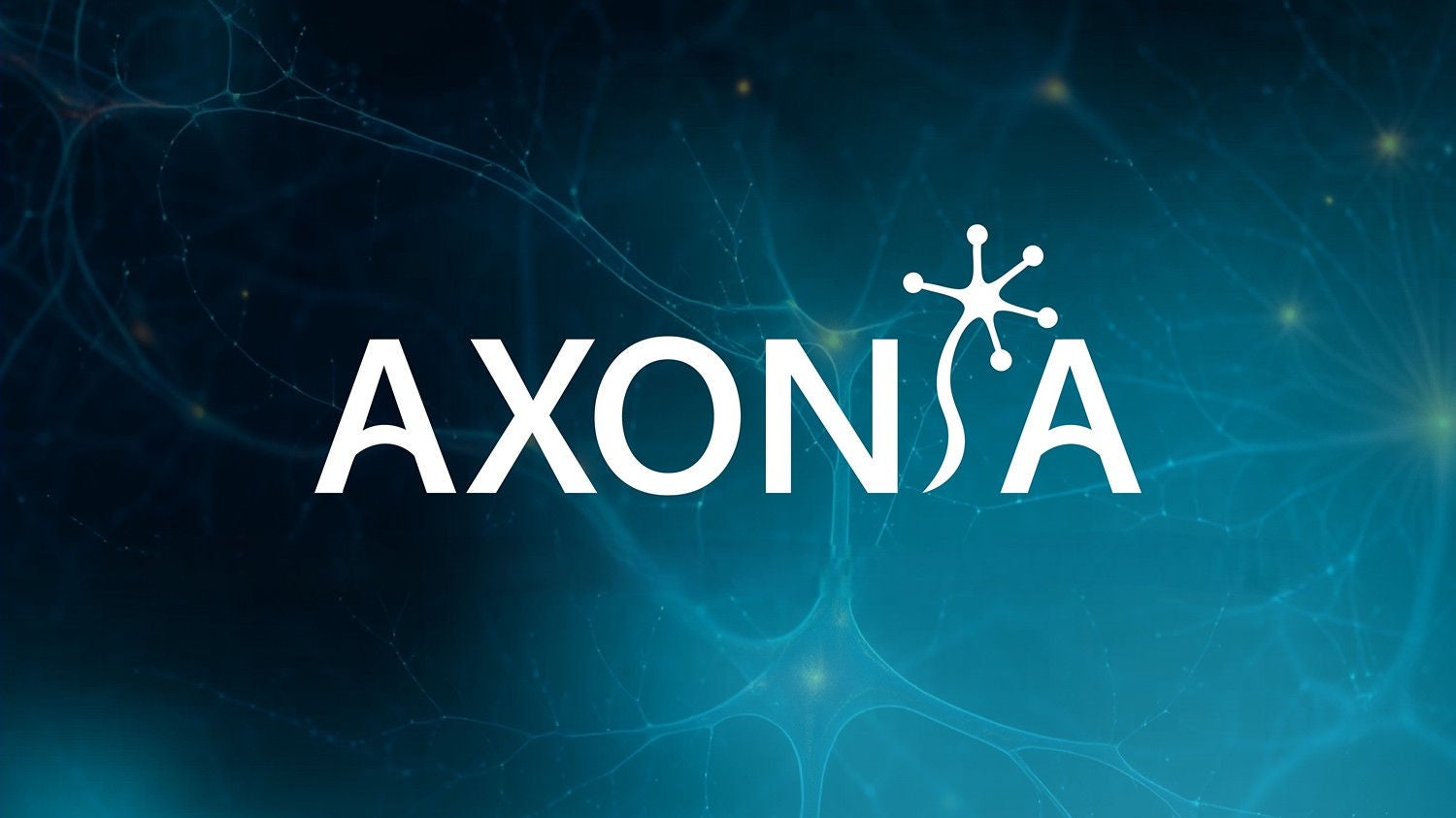 Logotip blanc d'"AXONSA" sobre un fons blau degradat amb un patró de connexions neuronals, on la lletra "S" està estilitzada amb la forma d'una neurona.