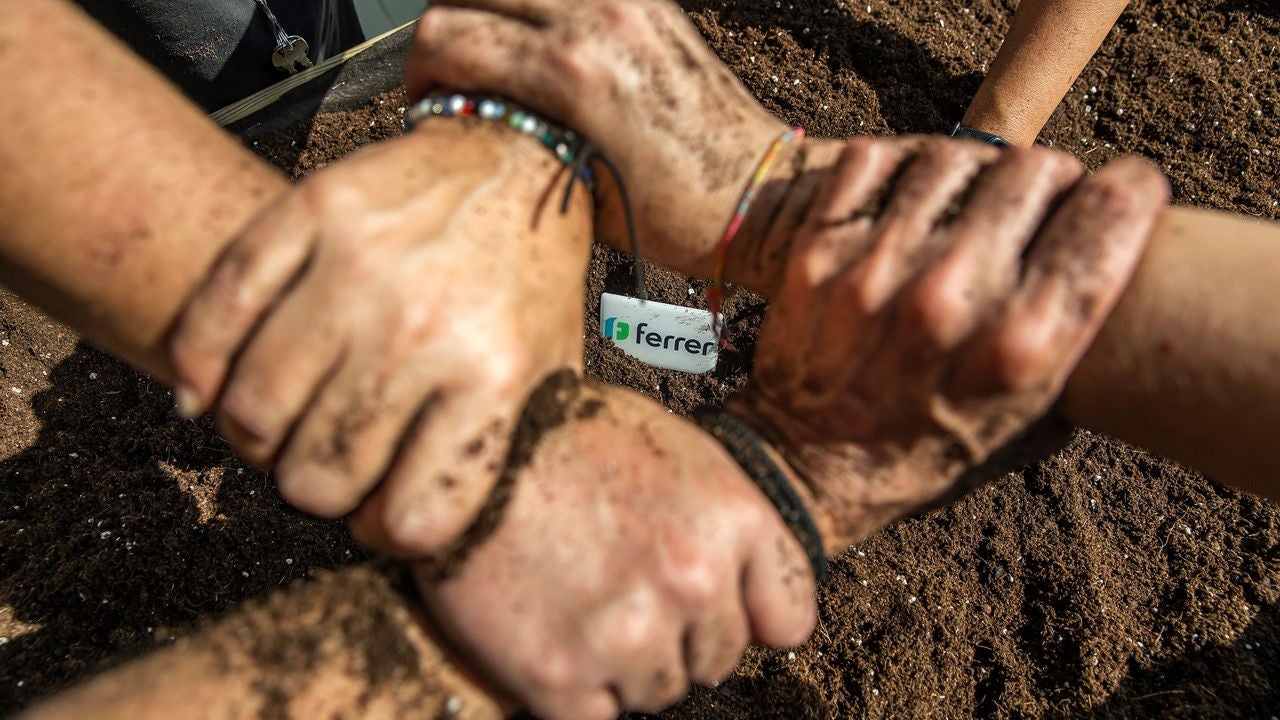 Varios brazos con las manos entrelazadas y manchadas de tierra simbolizan el trabajo en equipo y el compromiso social de la marca Ferrer.